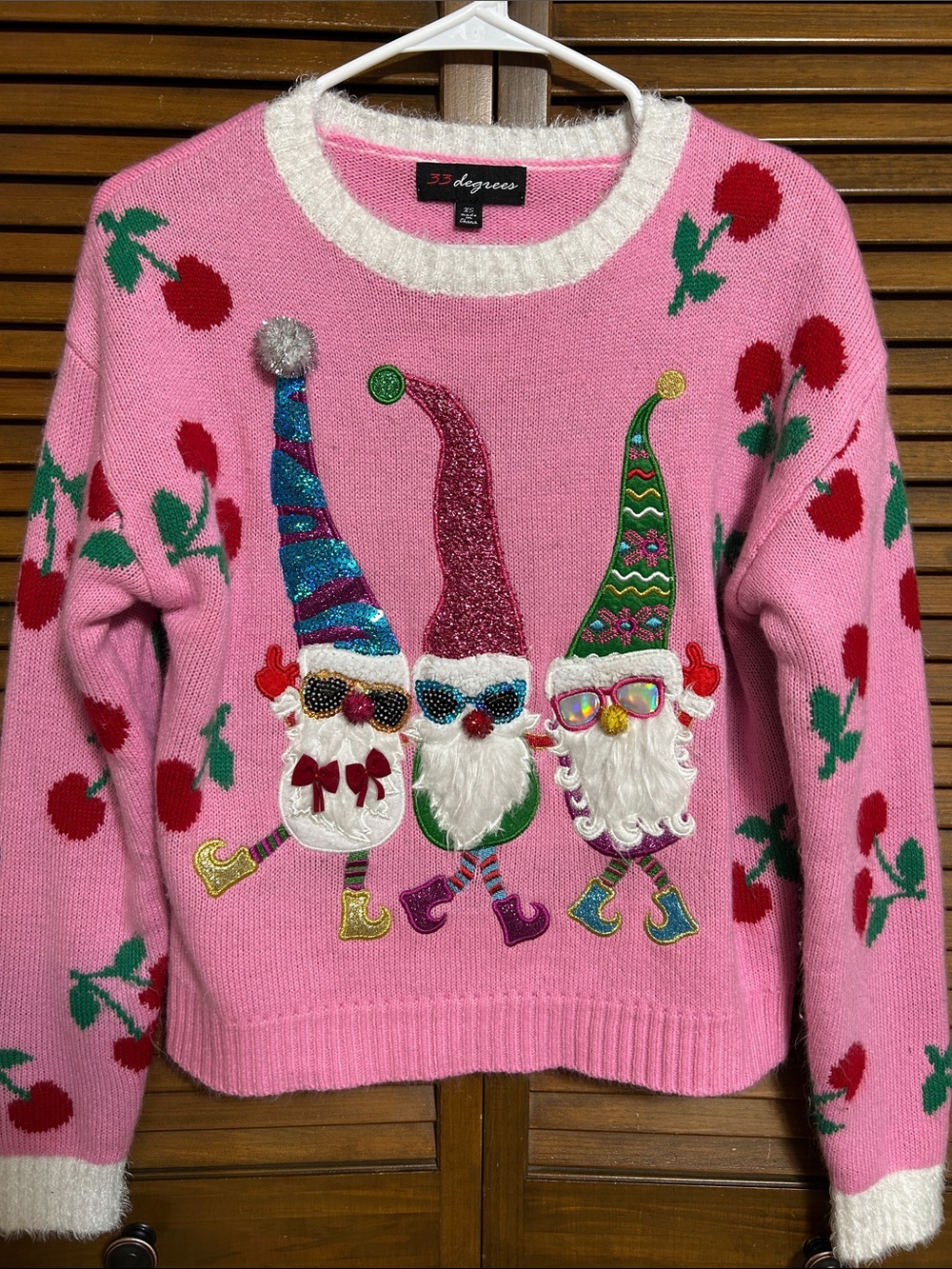 33 Degrees Pink Holiday Gnome Sweater Embellished Hats & Cherry Pattern Size XS